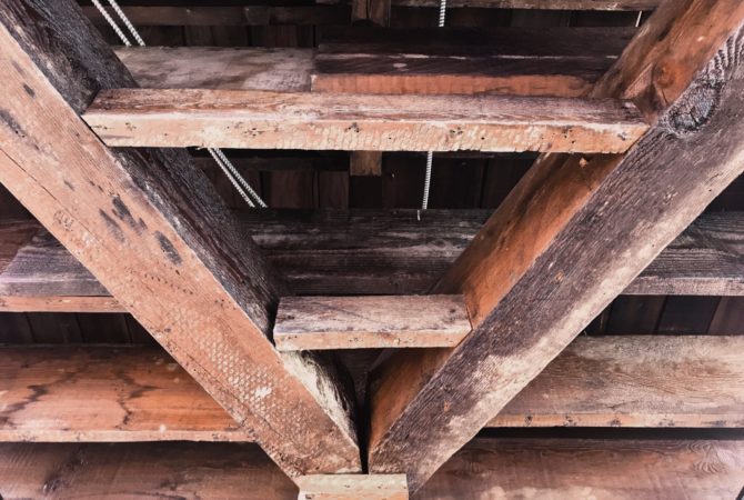 Beautiful old wooden beams over the main entrance at Two Bettys Refill Station