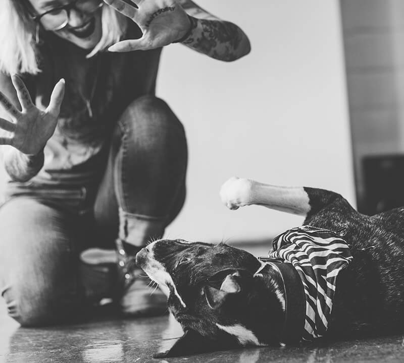 A tattooed person playing with a dog that is laying on the floor at Two Bettys Refill Station