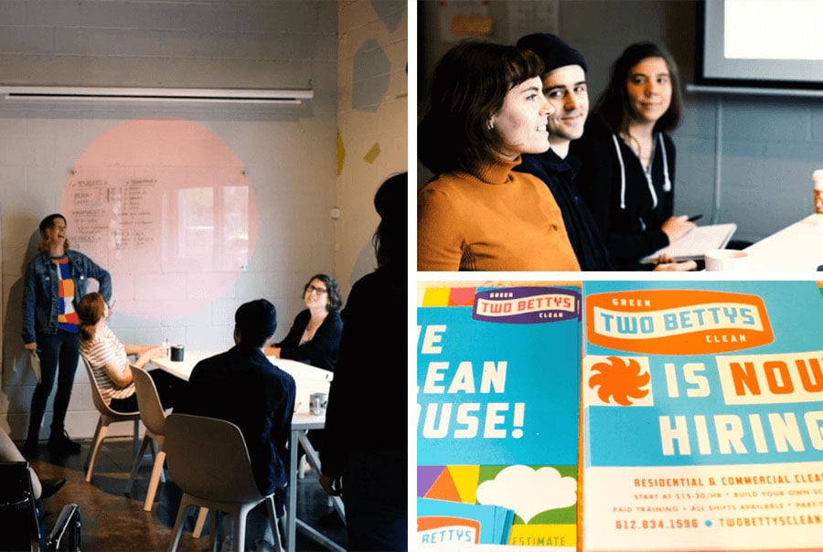 A collage of Two Bettys Green Cleaning staff in meetings along with a "now hiring" flier.