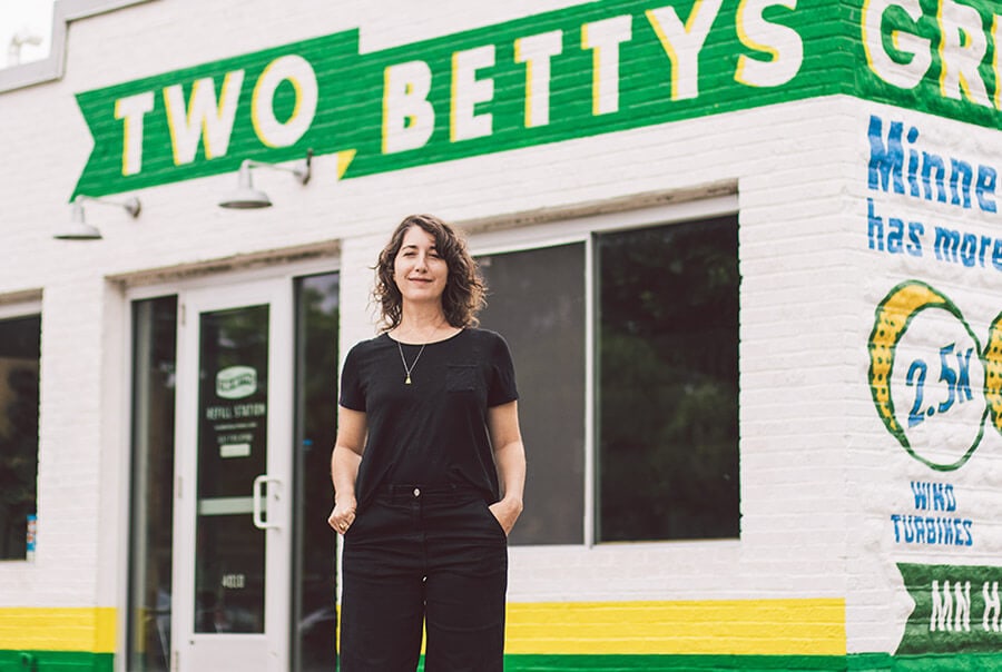 Two Bettys Green Cleaning Founder and Owner, Anna Tsantir, standing outside of Two Bettys Refill station