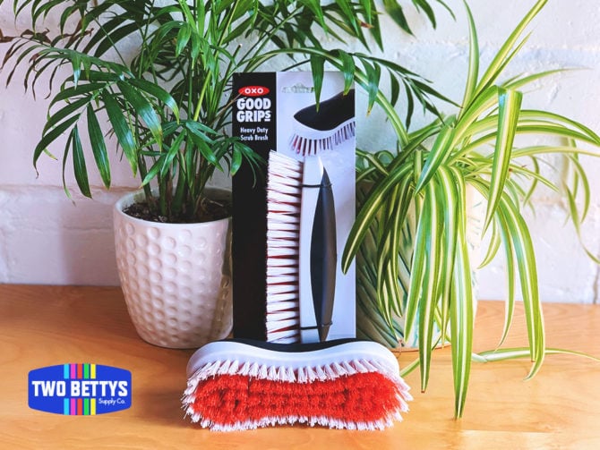 OXO Good Grips Heavy Duty Scrub Brush, surrounded by plants on a wooden surface.