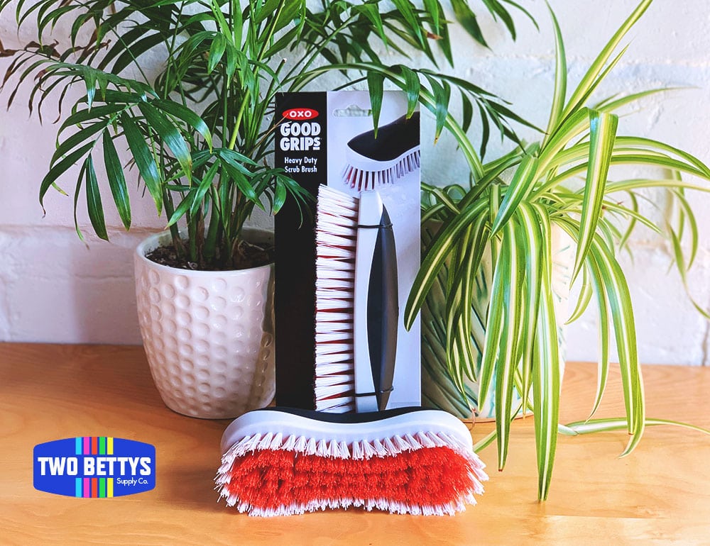 OXO Good Grips Heavy Duty Scrub Brush, surrounded by plants on a wooden surface.
