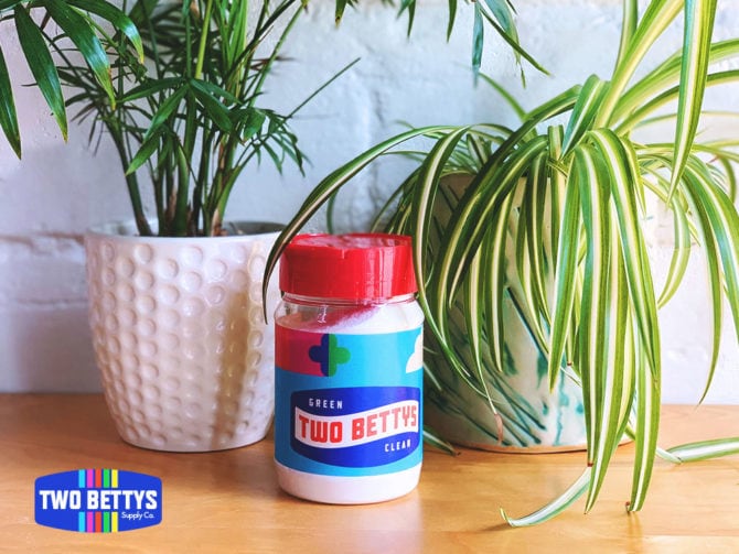 A jar of Agent Betty Power Scour in a clear jar and bright red lid, surrounded by plants on a wooden surface.