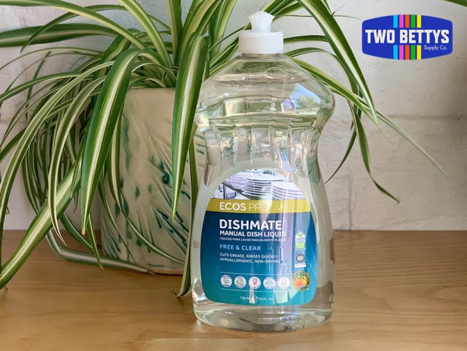 25 oz squeeze bottle of ECOS Pro Dishmate Free & Clear Dish Soap, with a green spider plant in the background.