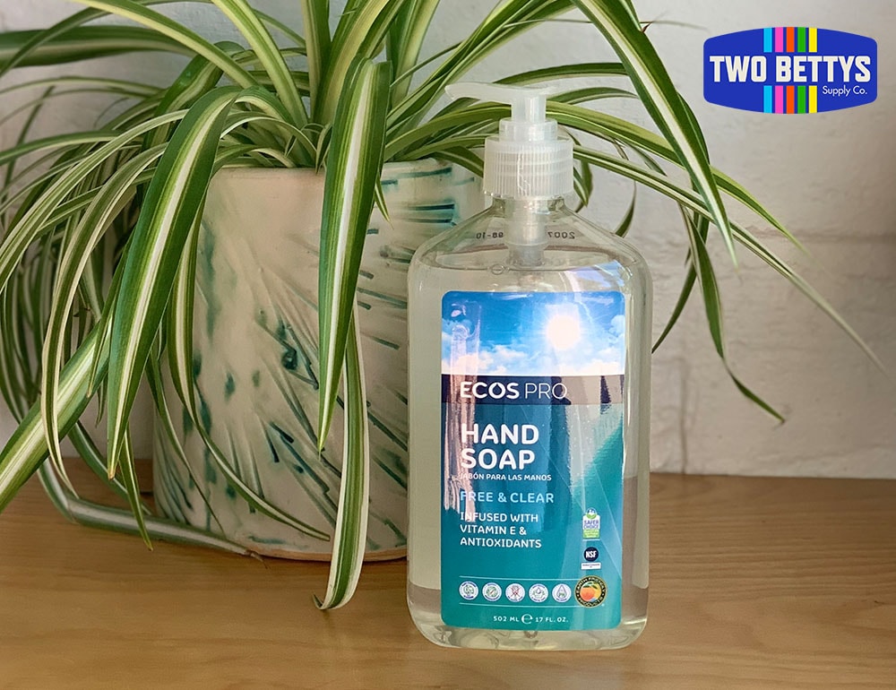 17 oz, clear pump bottle of ECOS Pro Free & Clear Hand Soap, with a green spider plant in the background.