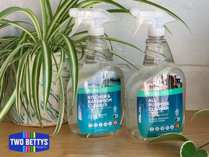 Both varieties of ECOS Pro All Purpose Cleaner - orange and parsley - with a green spider plant in the background.