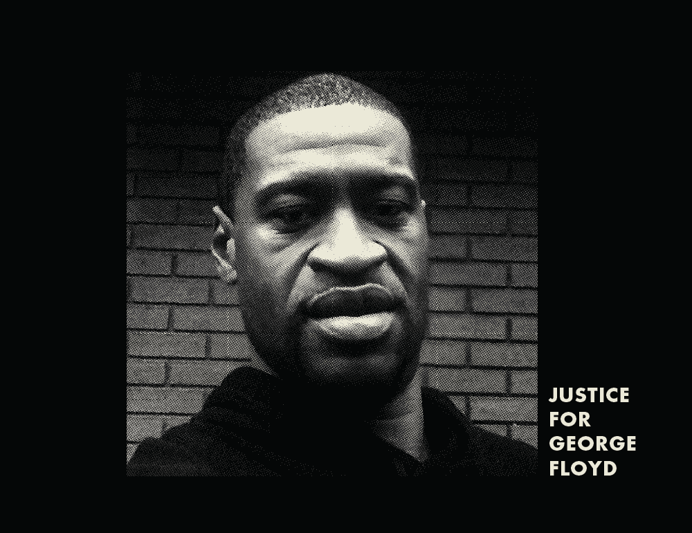 Black and white photo of George Floyd with text "Justice for George Floyd"