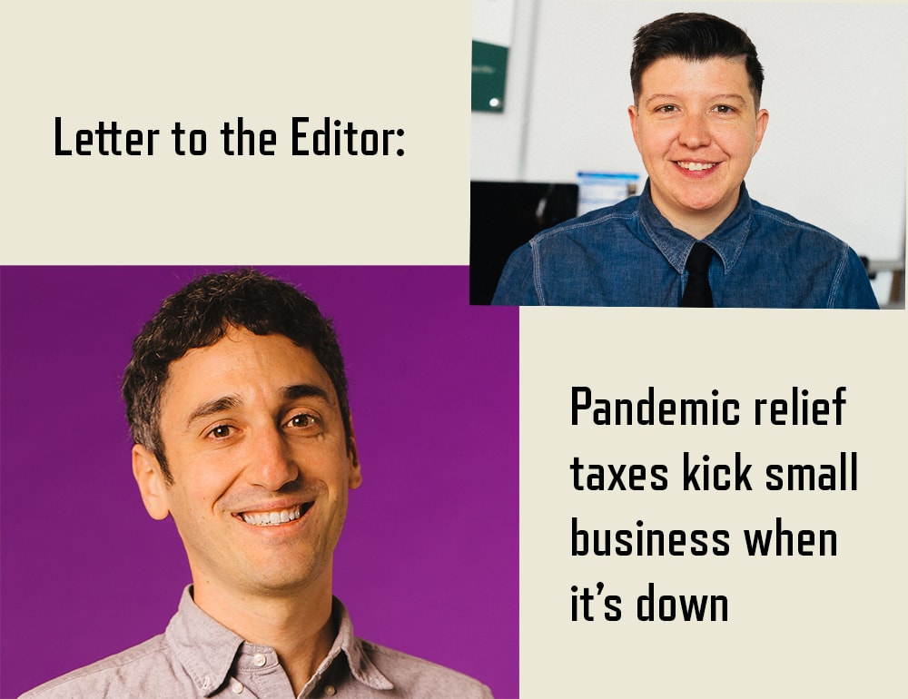 Two people wearing button up shirts and smiling with text: Letter to the Editor