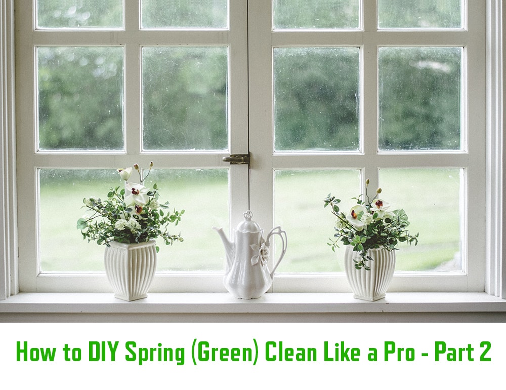 A set of white framed windows looking out on nature, with flower vases on the sill.