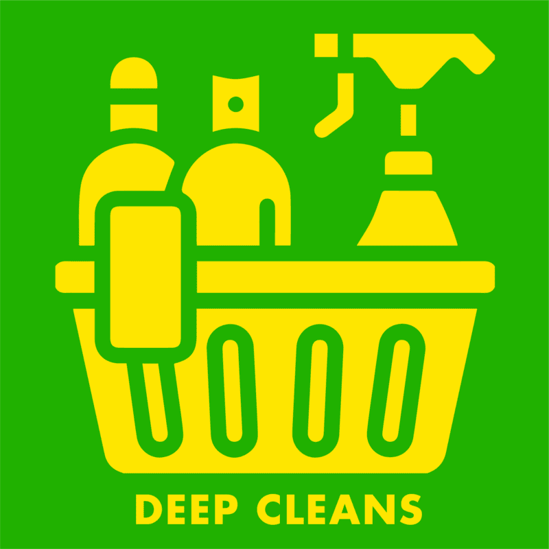 Bright green and yellow illustrated graphic depicting a cleaning bucket with cleaning products in it.