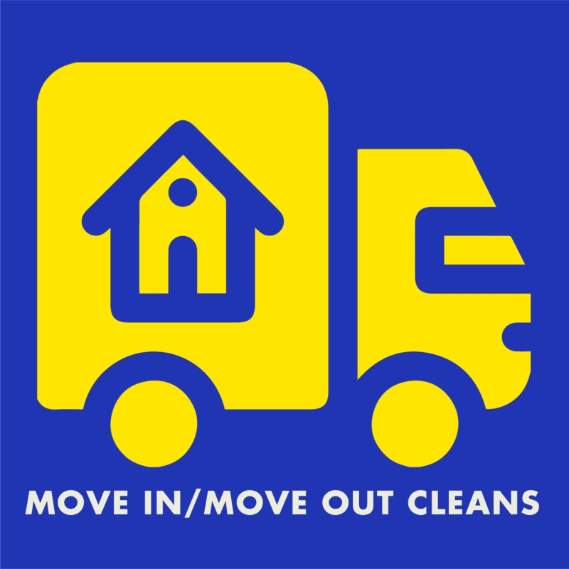 Bright blue and yellow graphic depicting a moving truck and a home, with the text "Move in and move out cleans"