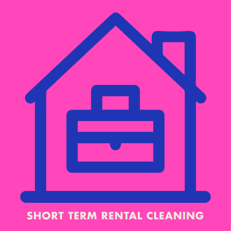 Bright pink and dark blue graphic depicting a house with a suitcase inside with the text "Short term rental cleaning"