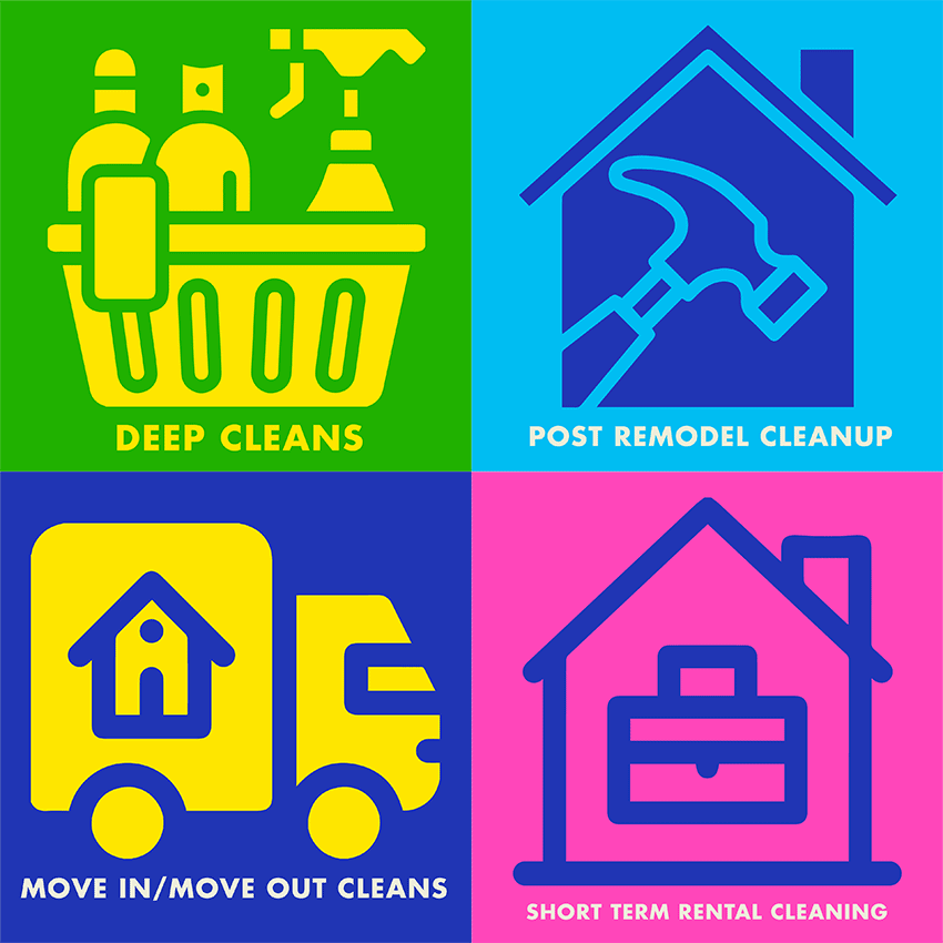 A grid of four graphics, showing four different kinds of specialty cleaning services:deep cleans, post remodel cleanup, move in move out cleans, and fridge and oven cleaning.